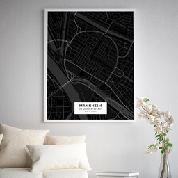 Gerahmtes Poster der Innenstadt Mannheims im Stil Black