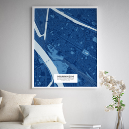 Gerahmtes Poster der Innenstadt Mannheims im Stil Blaupause